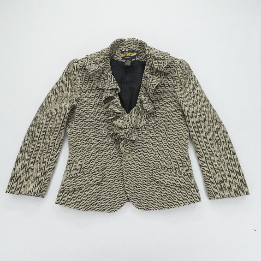 Ralph Lauren Rugby Blazer Womens Size 6 Brown Silk Wool Herringbone Ruffle Trim